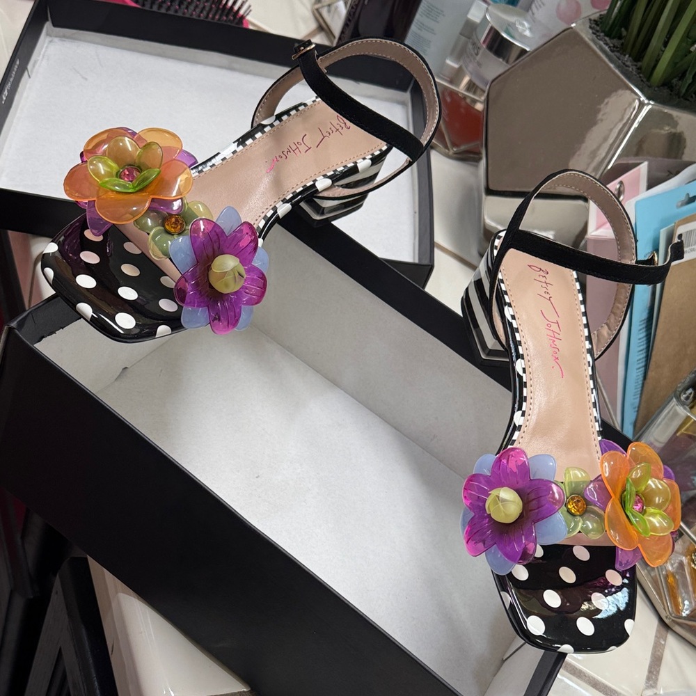 Betsey Johnson Black Polka Dot Heels with Multicolor Floral Accents